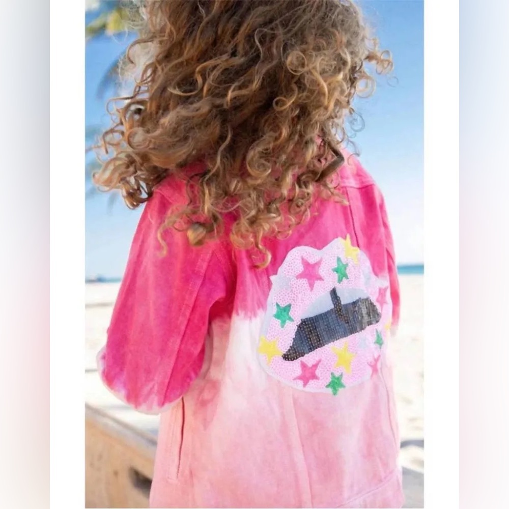 Lola + The Boys Pink and White Ombré Sequin Lips Jean Jacket
